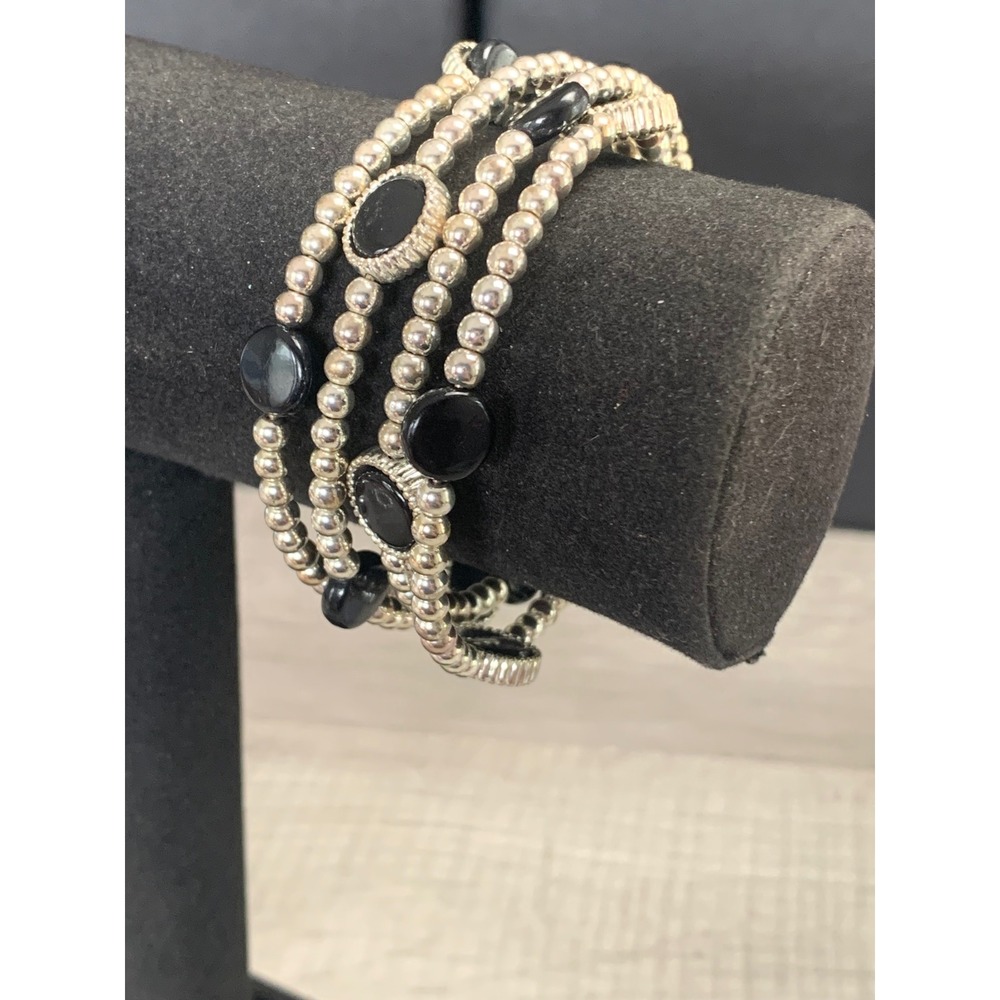 Silver Tone Multi Strand Wrap Bracelet with Black Cabochon Accents 4860